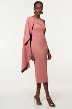 Karen Millen Scuba Crepe Woven Cape Midi Dress taupe Outlet