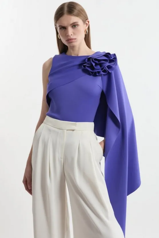 Karen Millen Scuba Drama Ruffle Rosette Top cobalt Hot