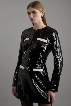 Karen Millen Sequin And Viscose Satin Jacket With Pocket Detail black Online