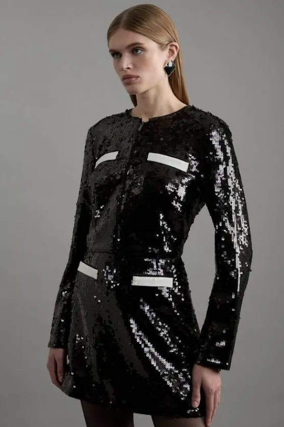 Karen Millen Sequin And Viscose Satin Jacket With Pocket Detail black Online
