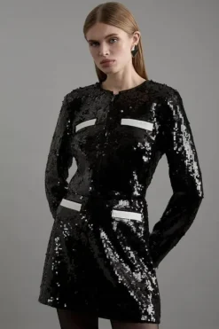 Karen Millen Sequin And Viscose Satin Mini Skirt With Pockets black Fashion