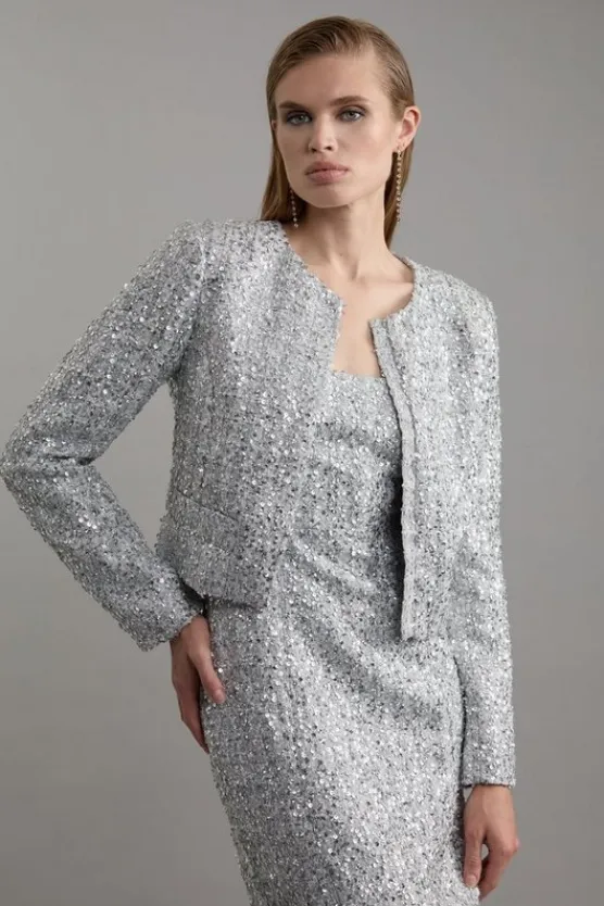 Karen Millen Sequin Boucle Tailored Jacket silver Online