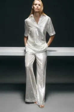 Karen Millen Sequin Collard Woven Tunic silver New
