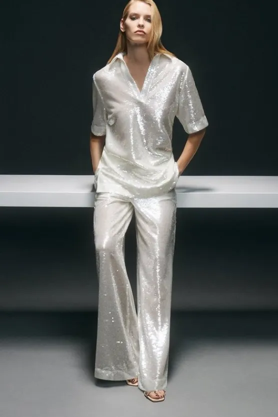 Karen Millen Sequin Collard Woven Tunic silver New