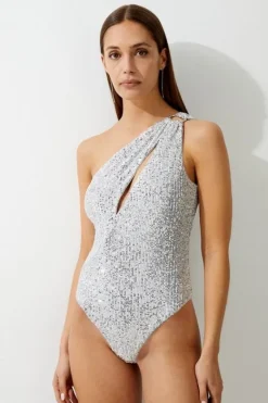 Karen Millen Sequin Cut Out Asymmetric Thong Swimsuit silver Best