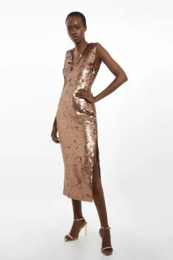 Karen Millen Sequin Deep Plunge Woven Midi Dress rosegold Outlet
