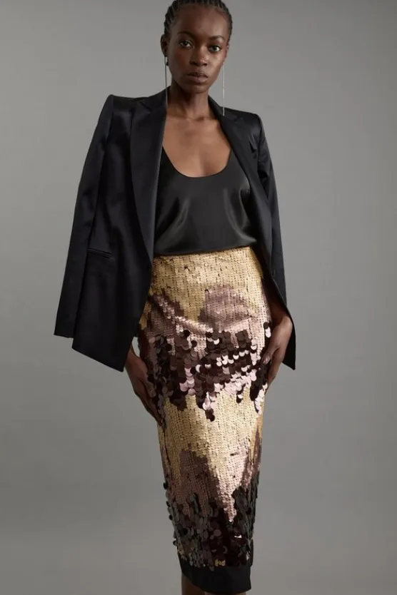 Karen Millen Sequin Georgette Panelled Woven Midaxi Skirt bronze Outlet