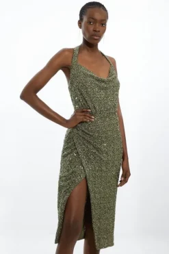 Karen Millen Sequin Halter Cowl Neck Midi Dress khaki Online