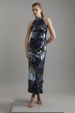 Karen Millen Sequin Halter Maxi Dress navy Clearance