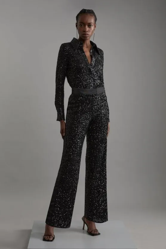 Karen Millen Sequin High Waisted Wide Leg Pants black New