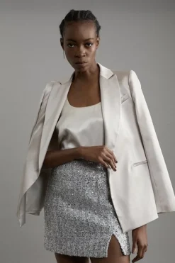 Karen Millen Sequin Metallic Boucle Belted Tailored Mini Skirt silver Sale