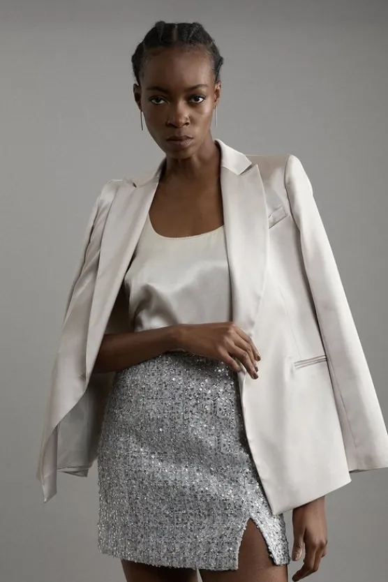 Karen Millen Sequin Metallic Boucle Belted Tailored Mini Skirt silver Sale