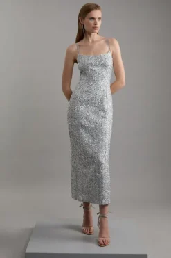 Karen Millen Sequin Metallic Boucle Tailored Maxi Dress silver Online