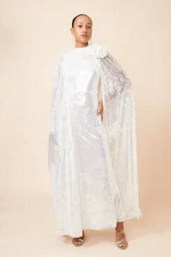 Karen Millen Sequin Rosette Cape Maxi Dress ivory Clearance