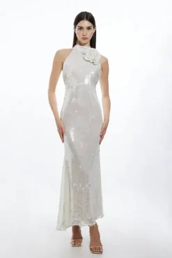 Karen Millen Sequin Rosette Halter Woven Maxi Dress white Discount