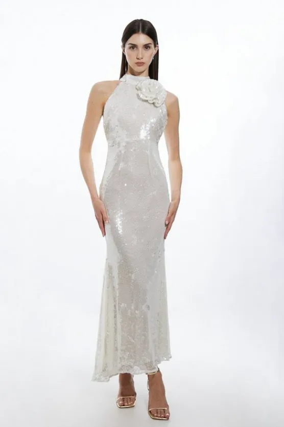 Karen Millen Sequin Rosette Halter Woven Maxi Dress white Discount