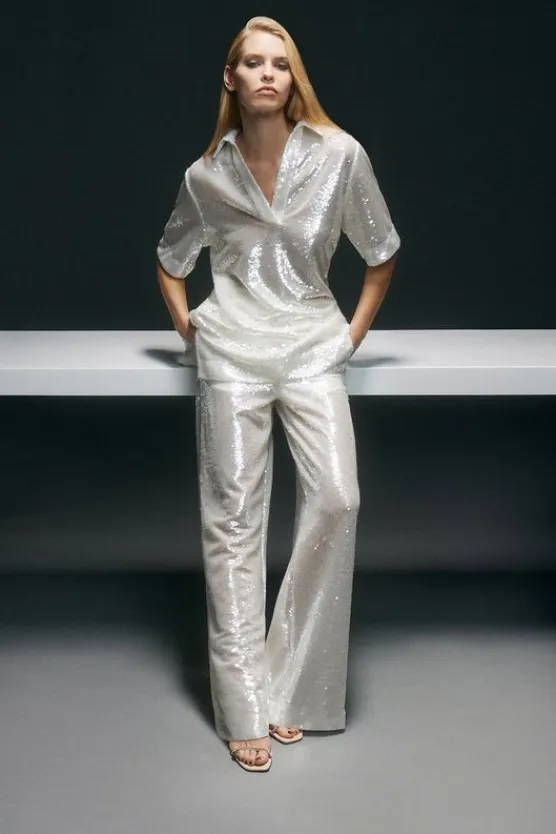 Karen Millen Sequin Woven Wide Leg Pants silver Discount