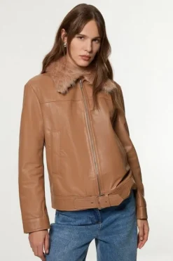 Karen Millen Shearling Collar Leather Zip Through Jacket camel Discount