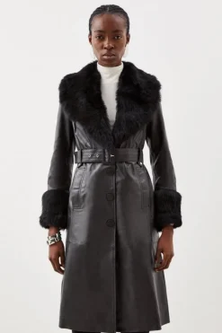 Karen Millen Shearling Cuff And Collar Leather Coat black Sale
