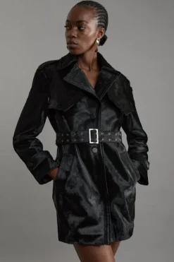 Karen Millen Shearling Eyelet Belted Short Trench Coat black Outlet