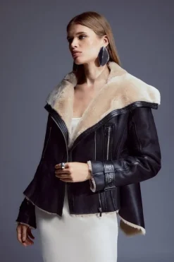 Karen Millen Shearling High Low Jacket brown Clearance