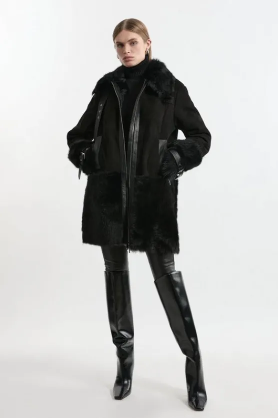 Karen Millen Shearling Longline Avaitor Coat black Online