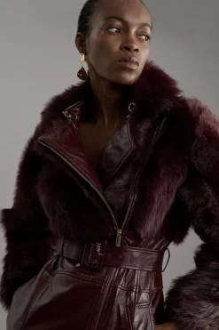 Karen Millen Shearling Mix Panelled High Shine Leather Belted Trench Coat red Hot