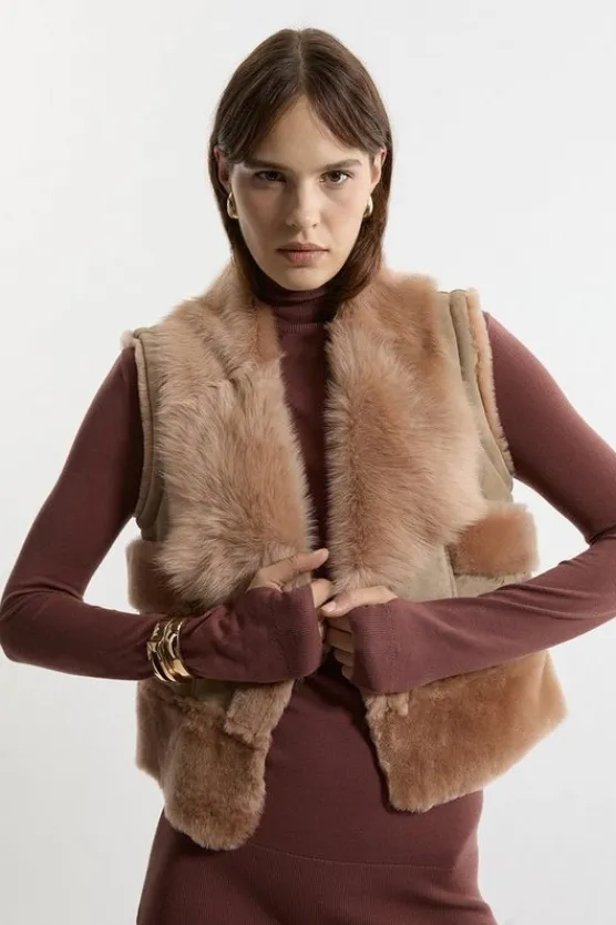 Karen Millen Shearling Sleeveless Collared Jacket toffee Clearance