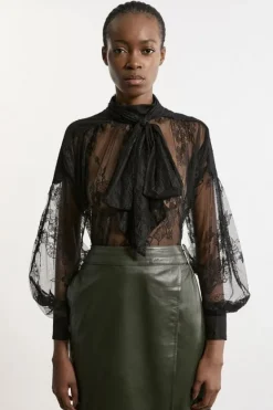 Karen Millen Sheer Lace Balloon Sleeve Bow Detail Blouse black Outlet