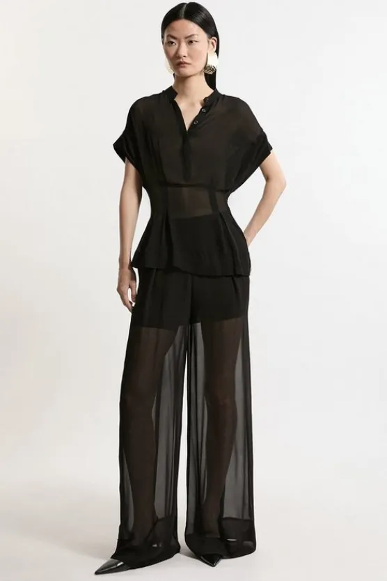 Karen Millen Sheer Viscose Georgette Woven Side Split Pants black Best