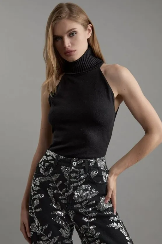 Karen Millen Sleeveless Viscose Blend Turtleneck Knit Sweater black Discount