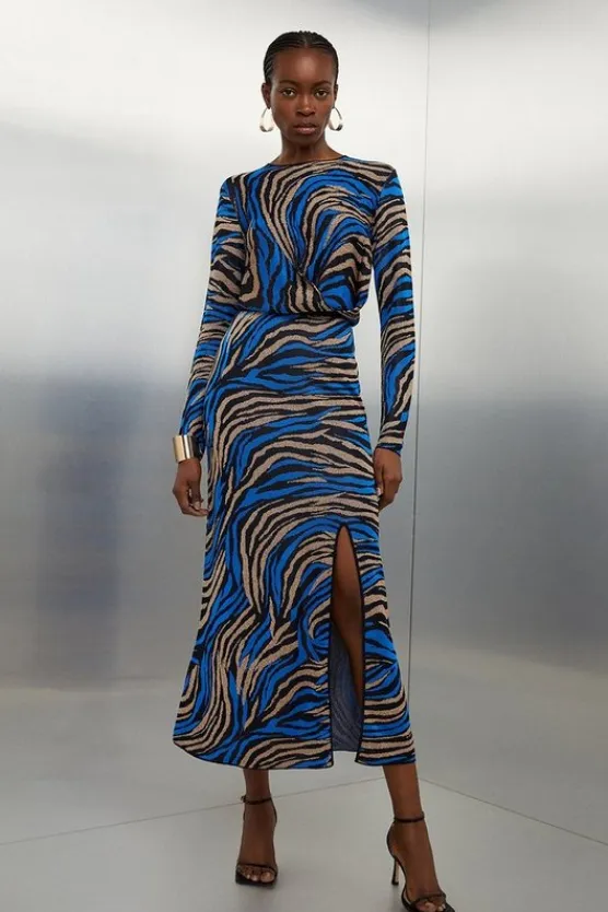 Karen Millen Slinky Jacquard Viscose Split Detail Knit Midaxi Dress cobalt Online