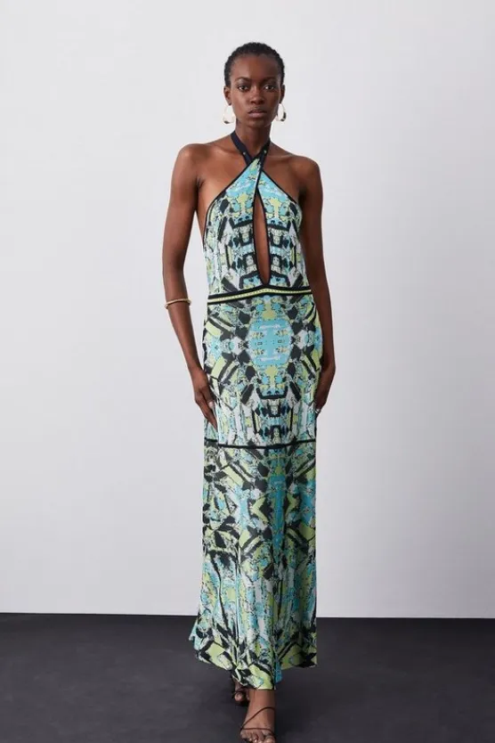 Karen Millen Slinky Knit Contrast Piping Halter Neck Maxi Dress blue Discount