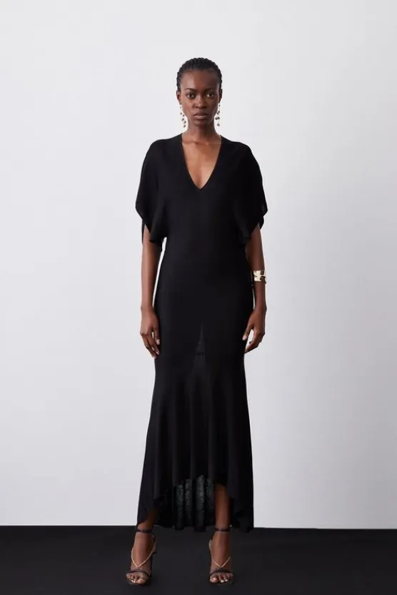 Karen Millen Slinky Knit Kimono Sleeve V Neck High Low Midaxi Dress black Online