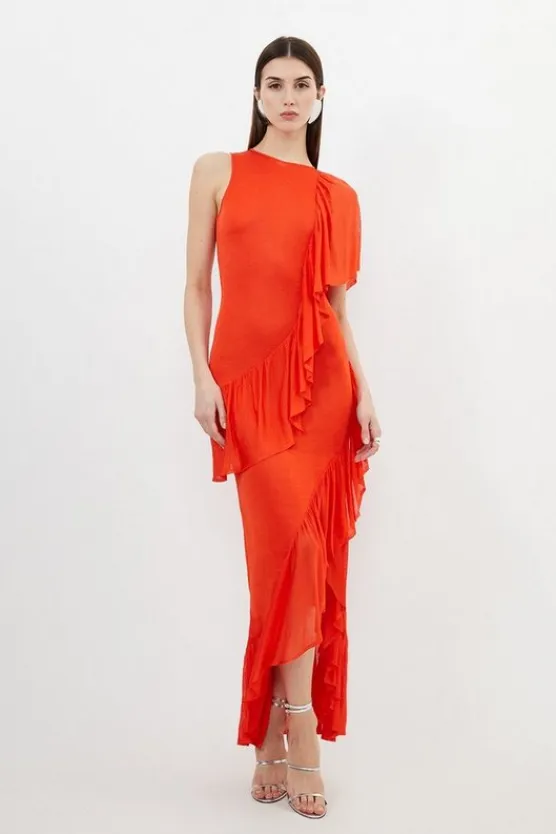 Karen Millen Slinky Knit Woven Mix Ruffle Midaxi Dress red Fashion