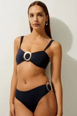 Karen Millen Slinky Trim Detail Cheeky Bikini Bottoms navy Clearance