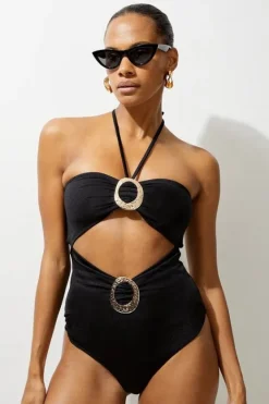 Karen Millen Slinky Trim Detail Cut Out Swimsuit black Clearance
