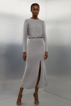 Karen Millen Slinky Viscose Split Detail Knit Maxi Dress grey Sale