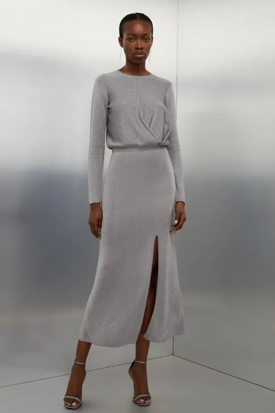 Karen Millen Slinky Viscose Split Detail Knit Maxi Dress grey Sale