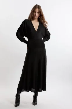 Karen Millen Slinky Viscose Wrap Collared Knit Midaxi Dress black Clearance