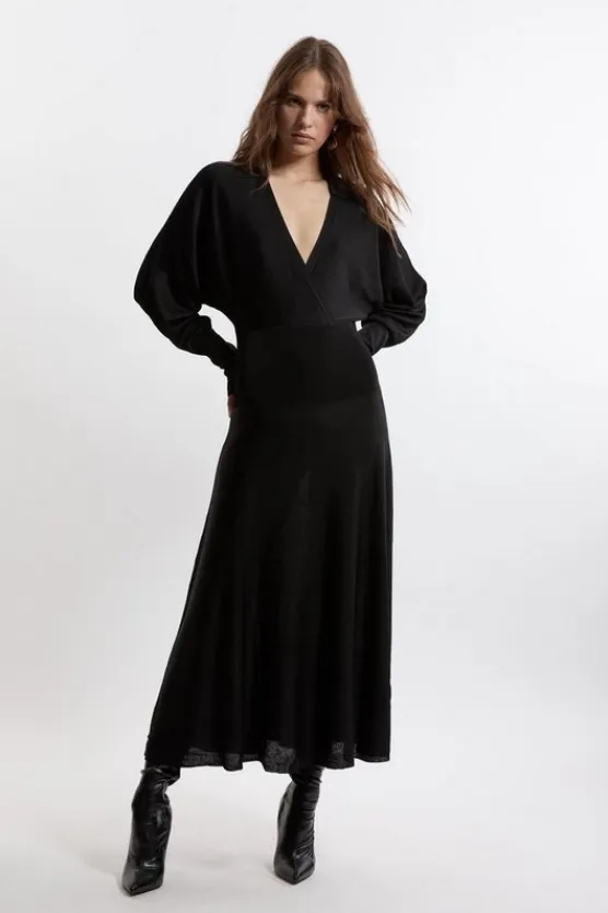 Karen Millen Slinky Viscose Wrap Collared Knit Midaxi Dress black Clearance