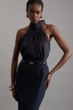 Karen Millen Slub Organdie Halter Pussy Bow Woven Top navy Hot
