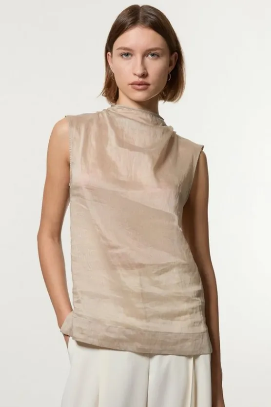 Karen Millen Slub Organdie Woven High Neck Top champagne Outlet
