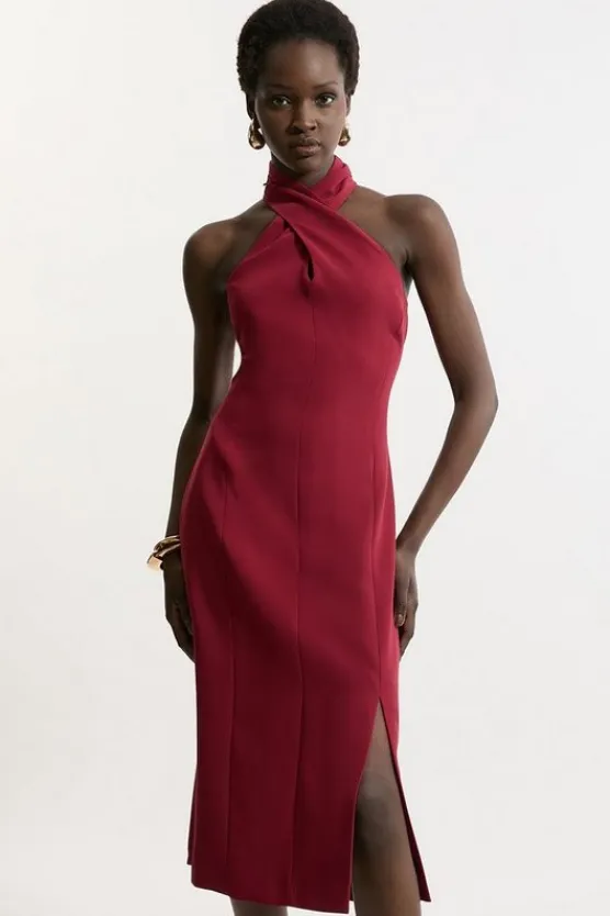 Karen Millen Soft Tailored Color Block Tailored Halter Neck Midi Dress merlot Fashion