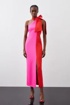 Karen Millen Soft Tailored Color Block Tie Neck Midi Dress pink Sale