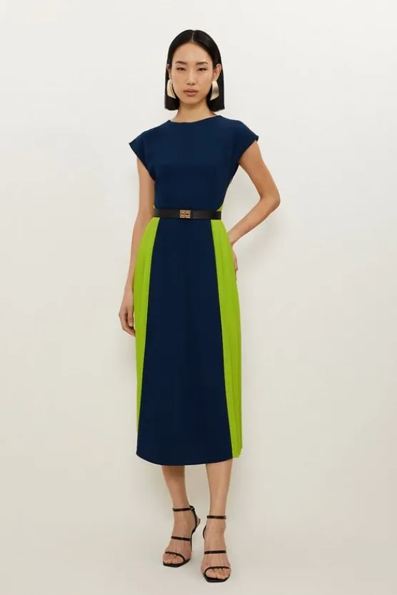 Karen Millen Soft Tailored Contrast Pleated Panel Skirt Midi Dress navy Outlet