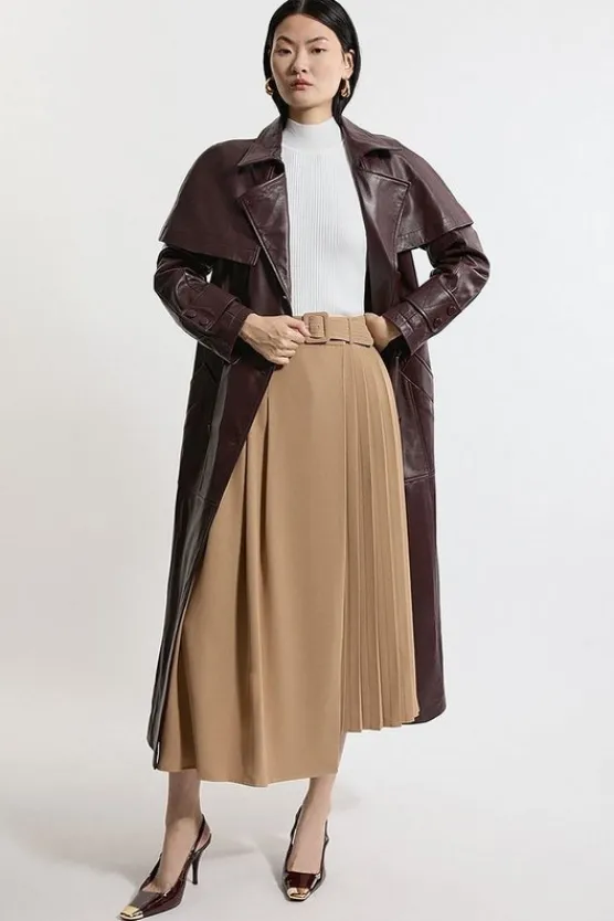 Karen Millen Soft Tailored Crepe Belted Pleated Midi Skirt camel New