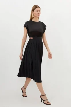 Karen Millen Soft Tailored Crepe Tab Detail Pleated Midi Skirt black Sale