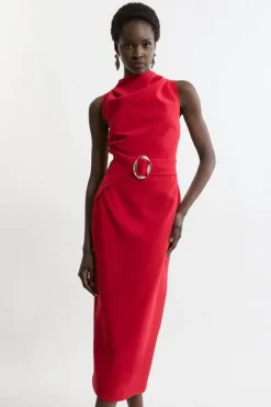Karen Millen Soft Tailo Drape Detail Sleeveless Tailo Midi Dress red Discount