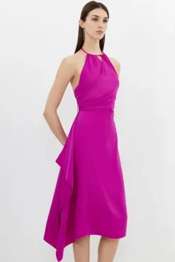 Karen Millen Soft Tailored Draped Wrap Halter Tie Neck Midi Dress magenta Sale